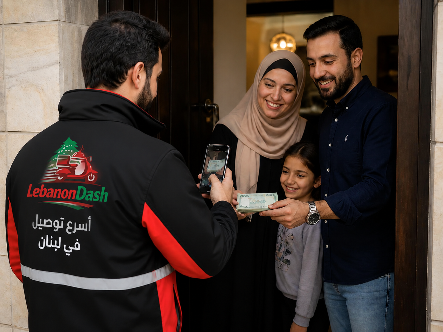 مندوب يسلّم مغلف أموال إلى عائلة عند باب المنزل