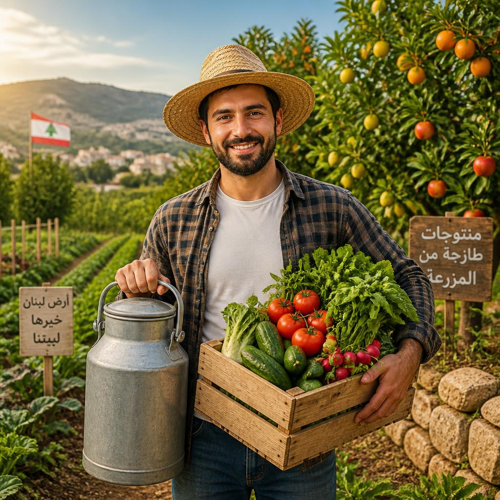 مزارع يحمل علبة حليب وصندوق خضار طازج من المزرعة