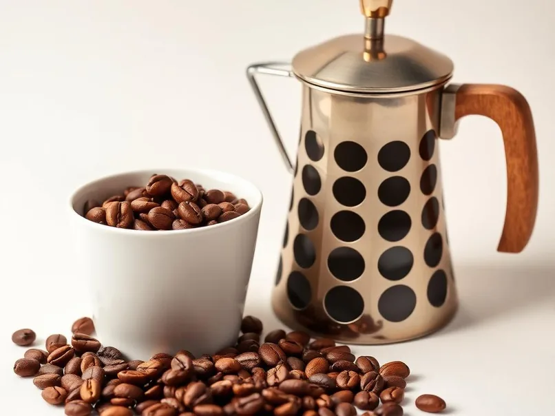 حبوب قهوة محمصة وركوة